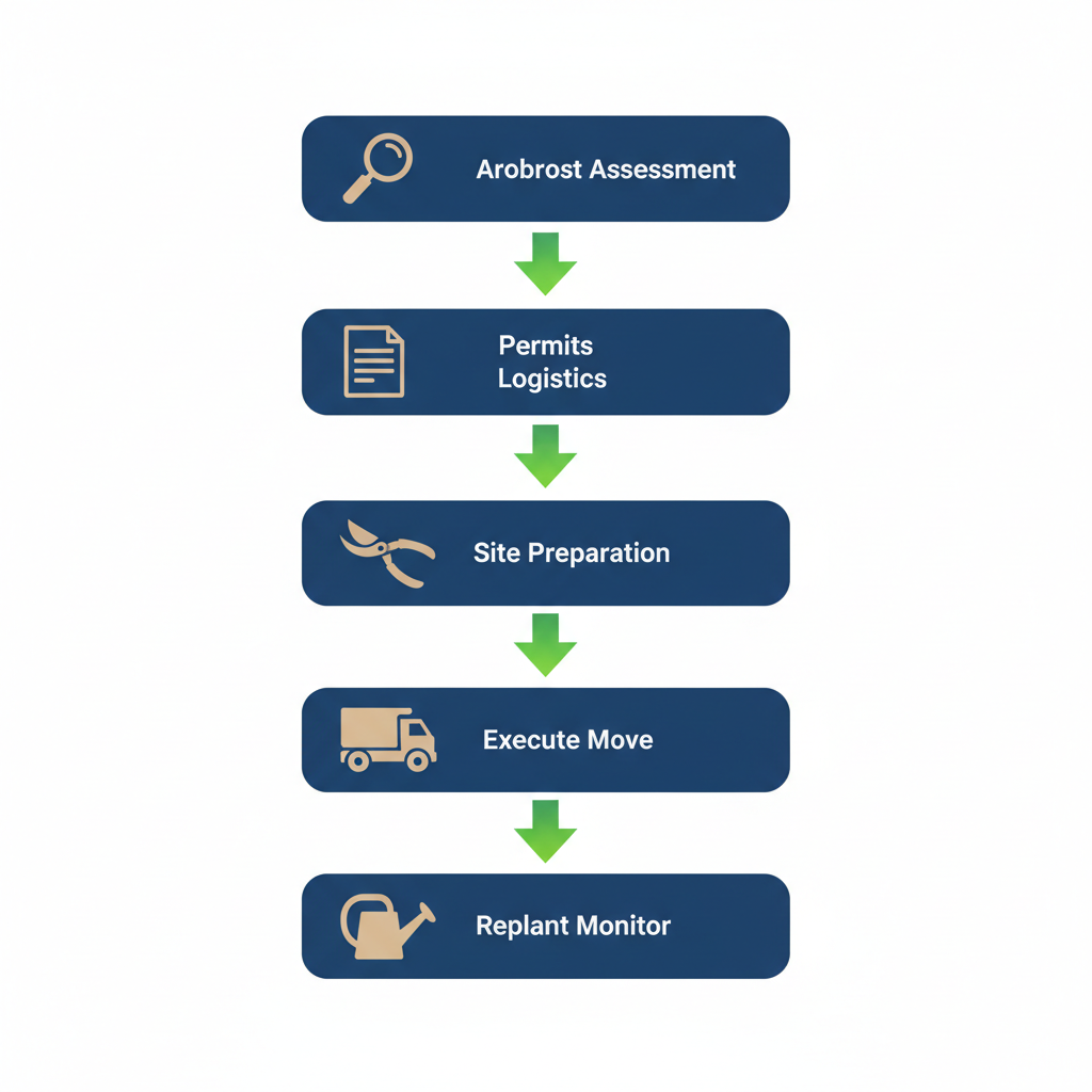 Vertical process flow diagram illustrating the five sequential steps for large tree relocation by Mighty Tree Movers.
