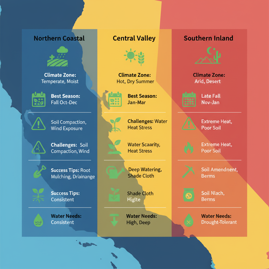 Infographic comparing tree transplanting areas in Northern Coastal, Central Valley, and Southern Inland California with icons for seasons, challenges, and tips.