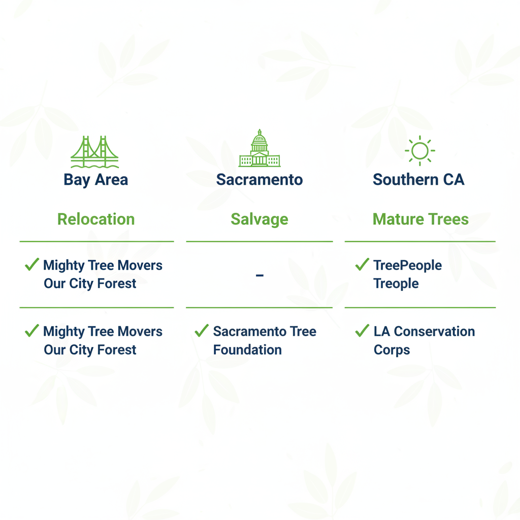 Infographic comparing tree donation and salvage programs across California regions: Bay Area, Sacramento, and Southern California.