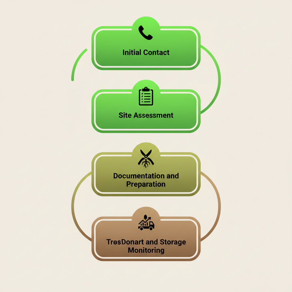 Vertical process flow diagram showing five stages of tree donation in California with icons and earth tones.