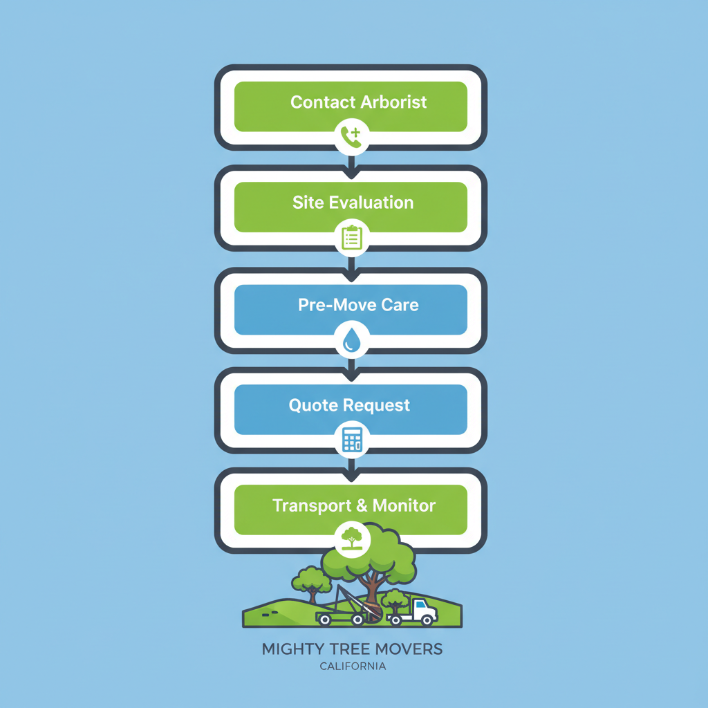 Vertical process flow diagram showing five steps for beginning a tree relocation project with icons.