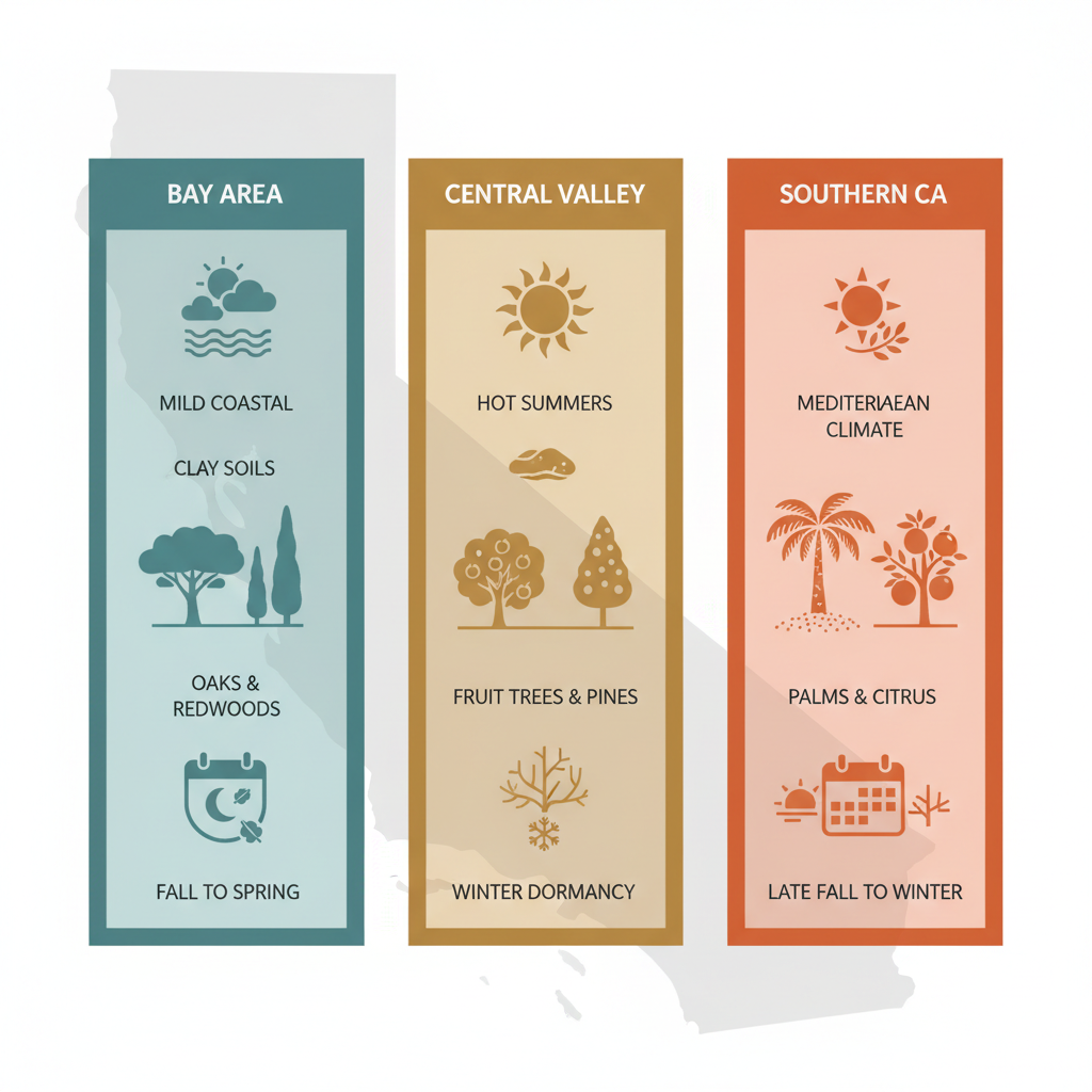 Infographic comparing tree relocation in Bay Area, Central Valley, and Southern California regions with climate, soil, tree types, and seasonal timing icons.