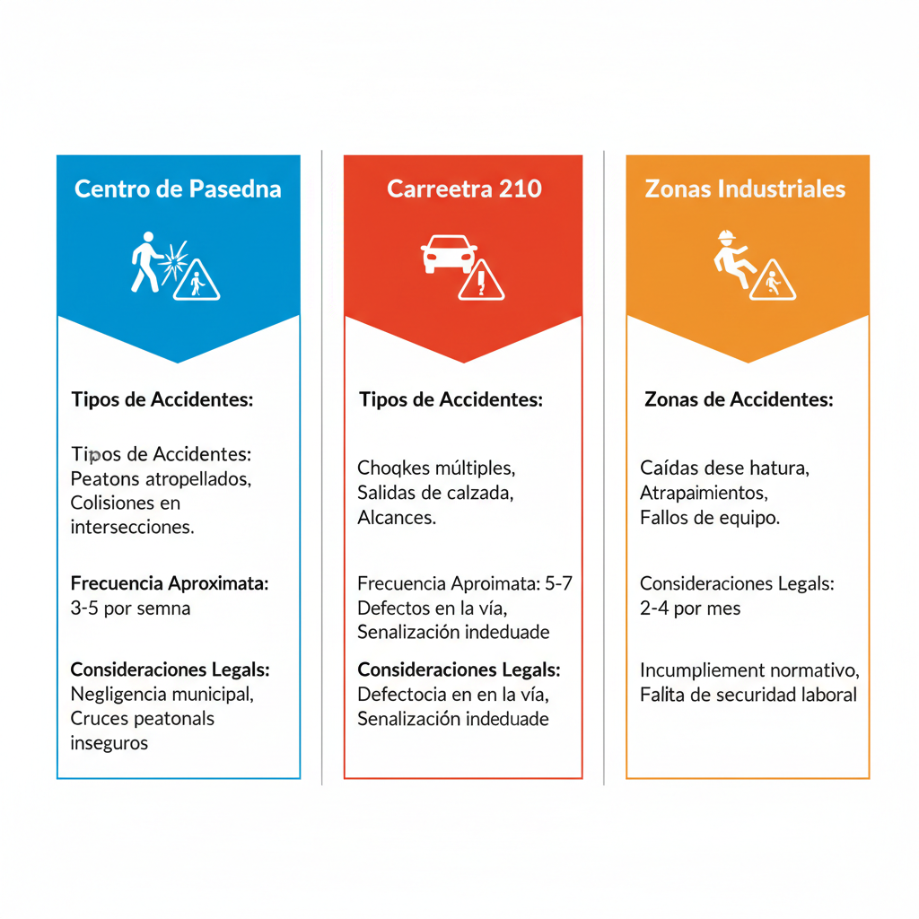 Infografía comparativa de áreas de alto riesgo de accidentes en Pasadena con iconos y datos en español