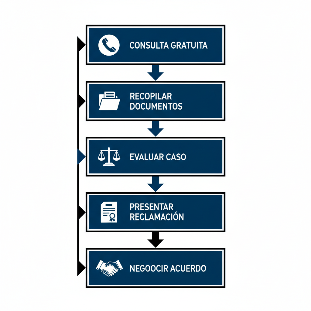 Diagrama de flujo vertical de cinco pasos para iniciar una reclamación por accidente en Pasadena