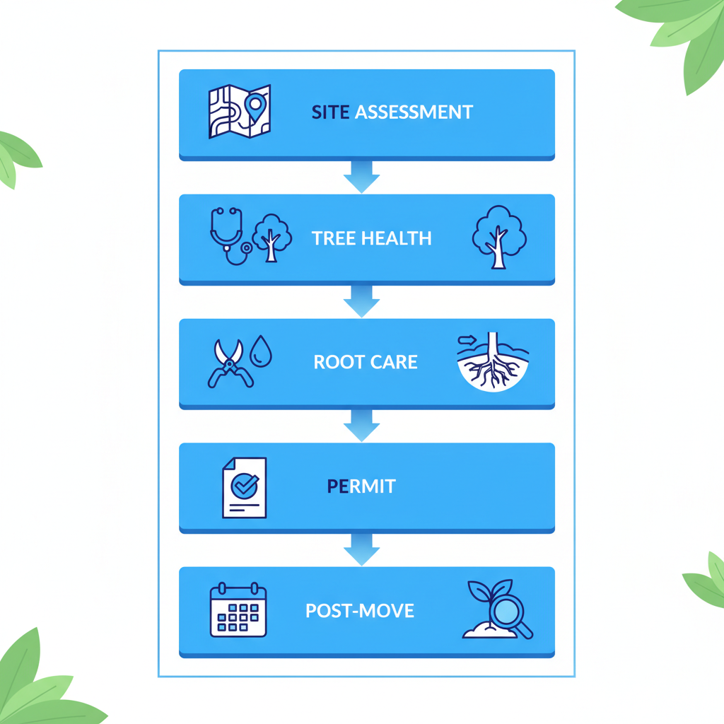Vertical process flow diagram illustrating five key steps for preparing Bay Area tree relocation, including site assessment, health evaluation, root pruning, permit acquisition, and post-move monitoring.