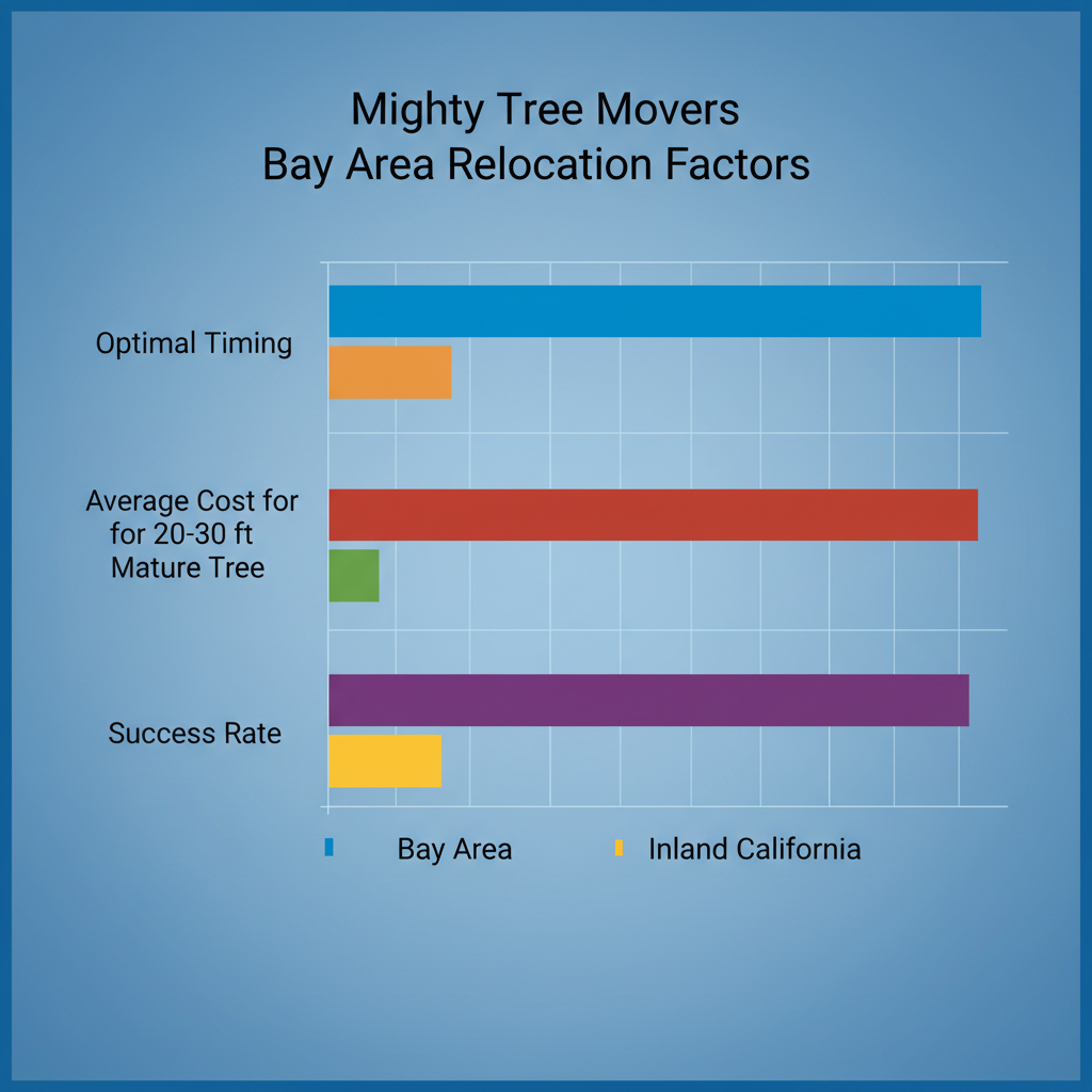 Bar chart comparing optimal timing, costs, and success rates for tree relocation in Bay Area versus Inland California.