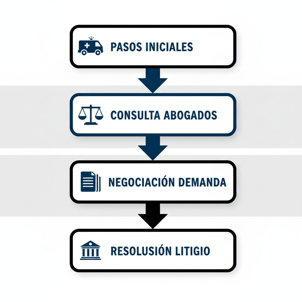 Diagrama de flujo vertical ilustrando los pasos clave del proceso legal post-accidente en Pasadena