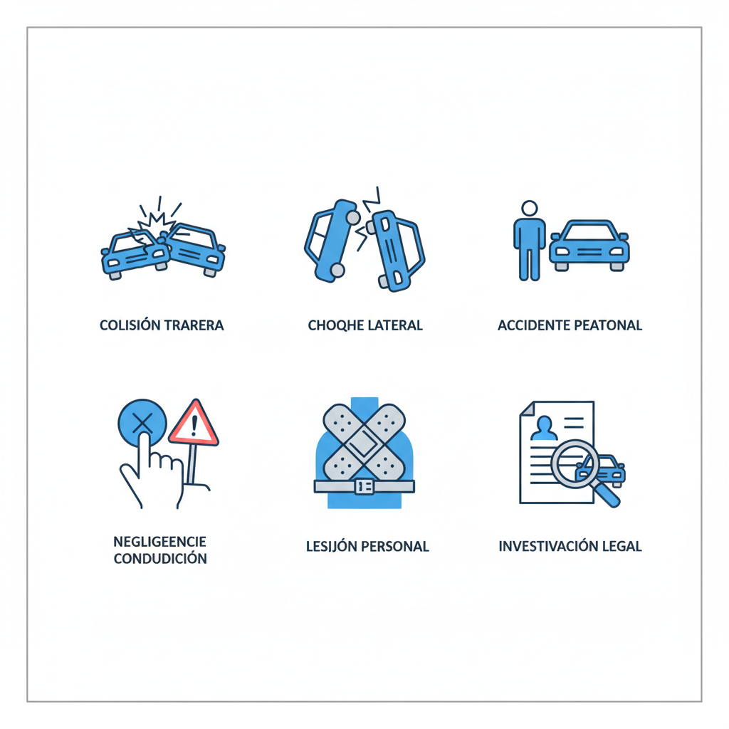 Conjunto de íconos ilustrando tipos comunes de accidentes de auto y responsabilidades legales en Pasadena, con etiquetas en español.
