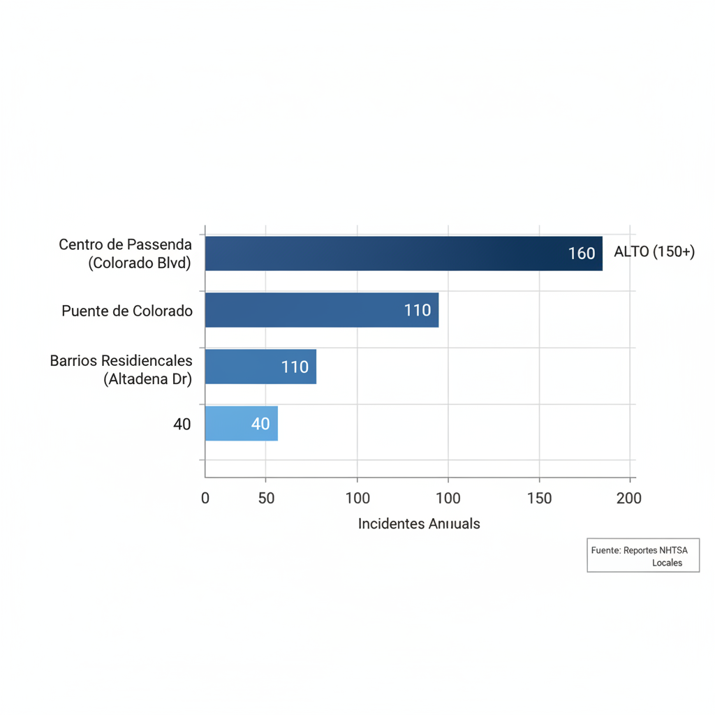 Gráfico de barras horizontal comparando frecuencia de accidentes en tres áreas de Pasadena, con barras en azul degradado y etiquetas de incidentes anuales.