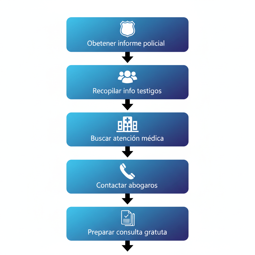 Diagrama vertical de cinco etapas para pasos iniciales en la contratación de ayuda legal tras un accidente en Pasadena, con íconos y flechas conectadas