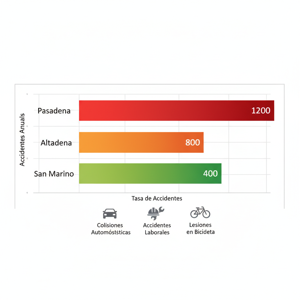 Gráfico de barras horizontales comparando tasas anuales de accidentes en Pasadena, Altadena y San Marino con tipos comunes de incidentes.