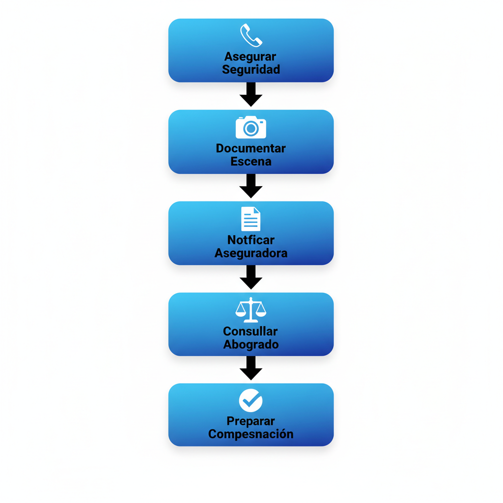 Diagrama de flujo vertical ilustrando los cinco pasos iniciales para obtener ayuda legal después de un accidente automovilístico en California.