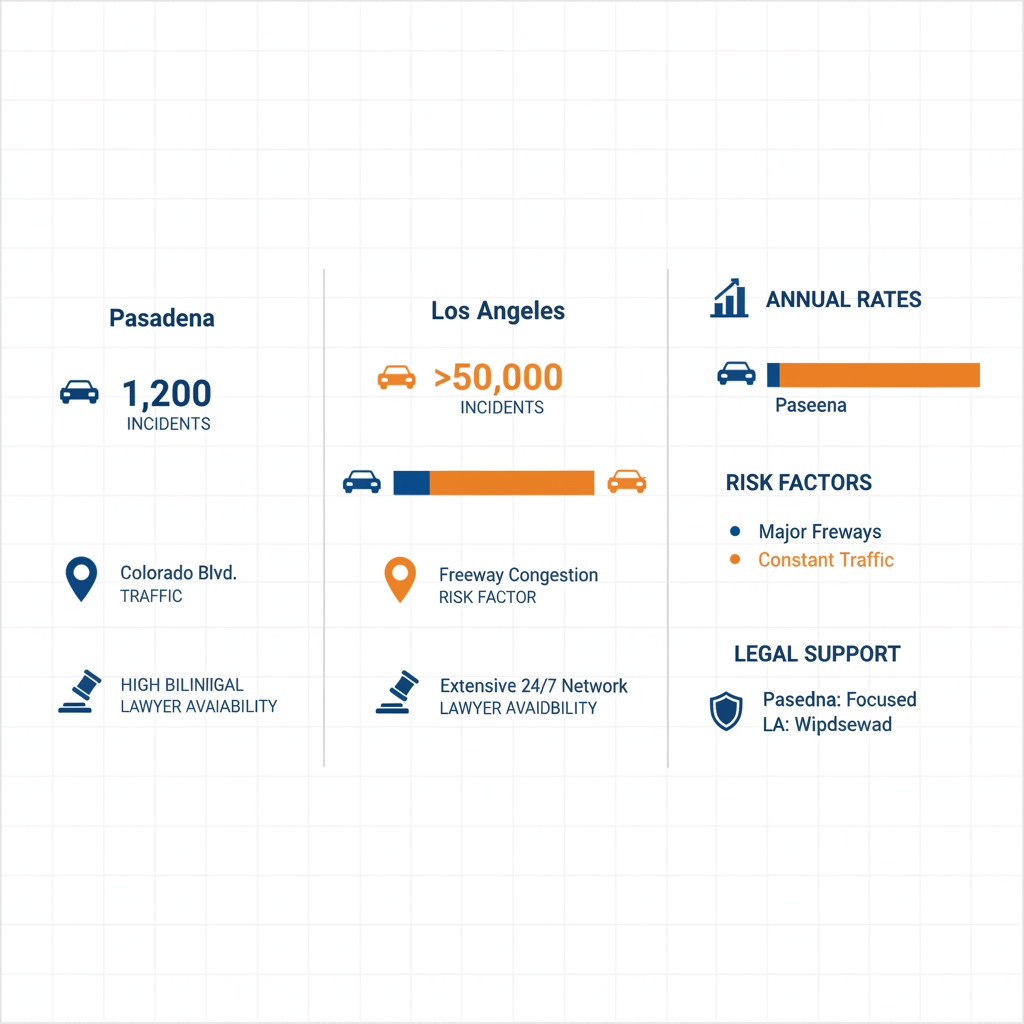 Infografía comparativa de riesgos de accidentes en Pasadena versus Los Ángeles con métricas, factores y disponibilidad de servicios legales.