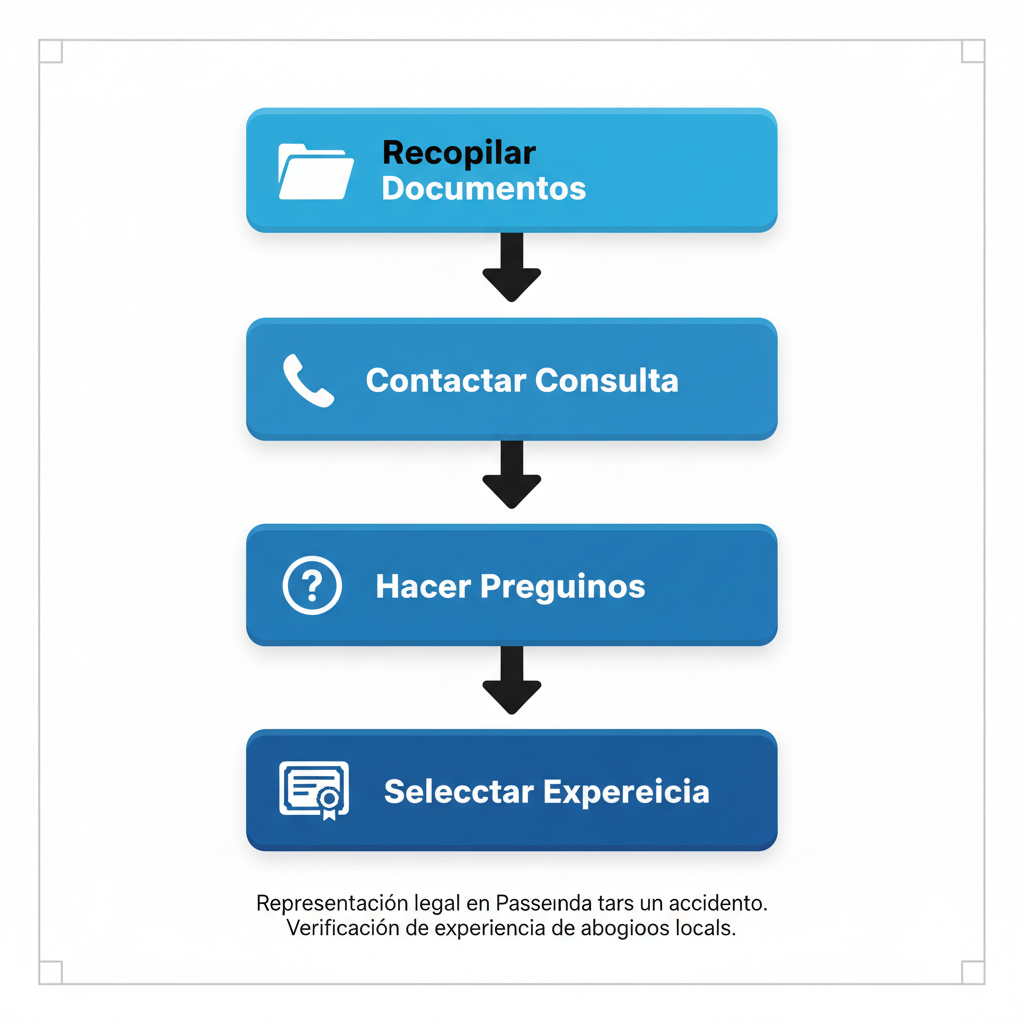 Diagrama de flujo vertical de cuatro etapas para iniciar representación legal con abogados de accidentes en Pasadena