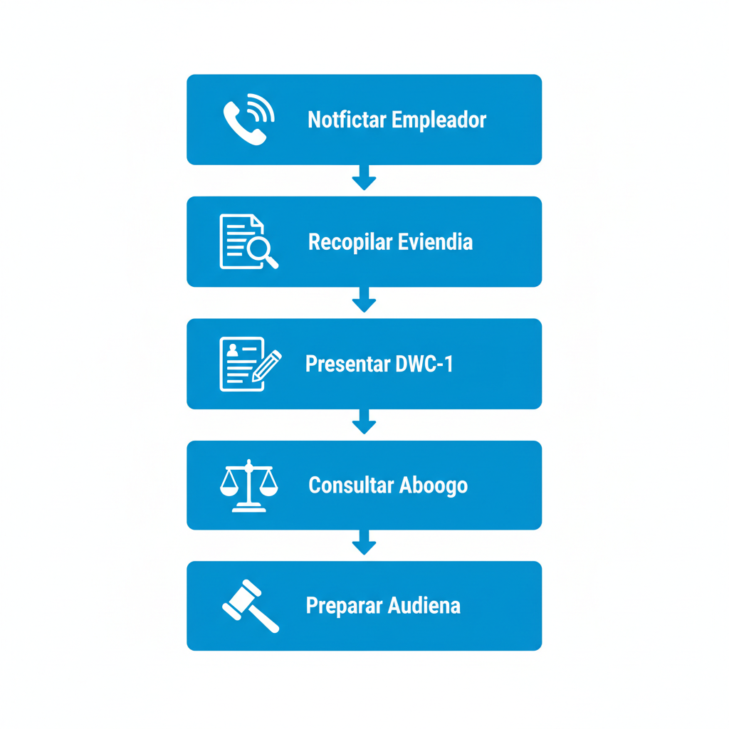 Diagrama de flujo vertical de cinco etapas para iniciar una reclamación de compensación laboral