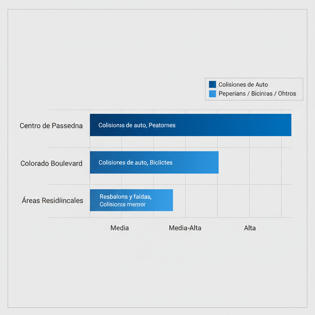 Gráfico de barras horizontales ilustrando áreas de alto riesgo de accidentes en Pasadena con tonos de azul degradado.