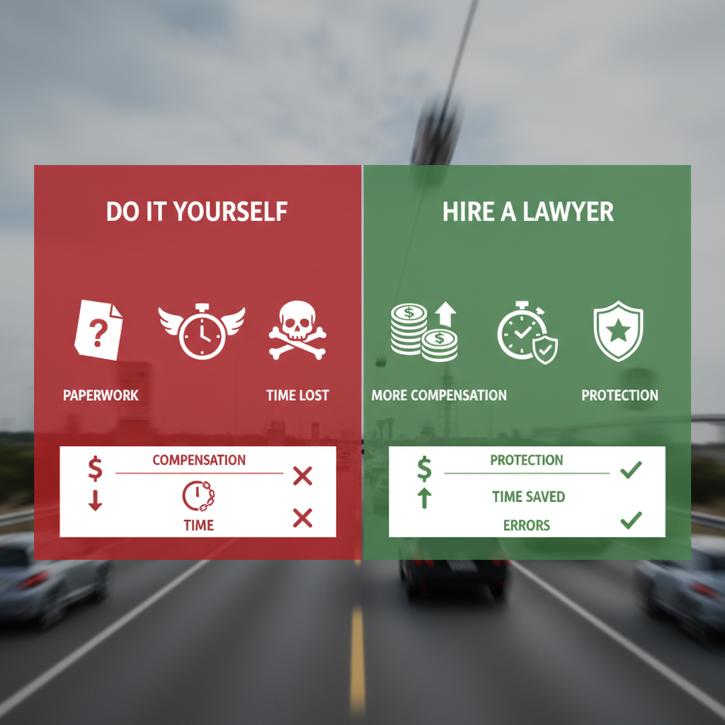 Infografía comparativa de manejo solo versus con abogado en reclamos de accidentes de carro