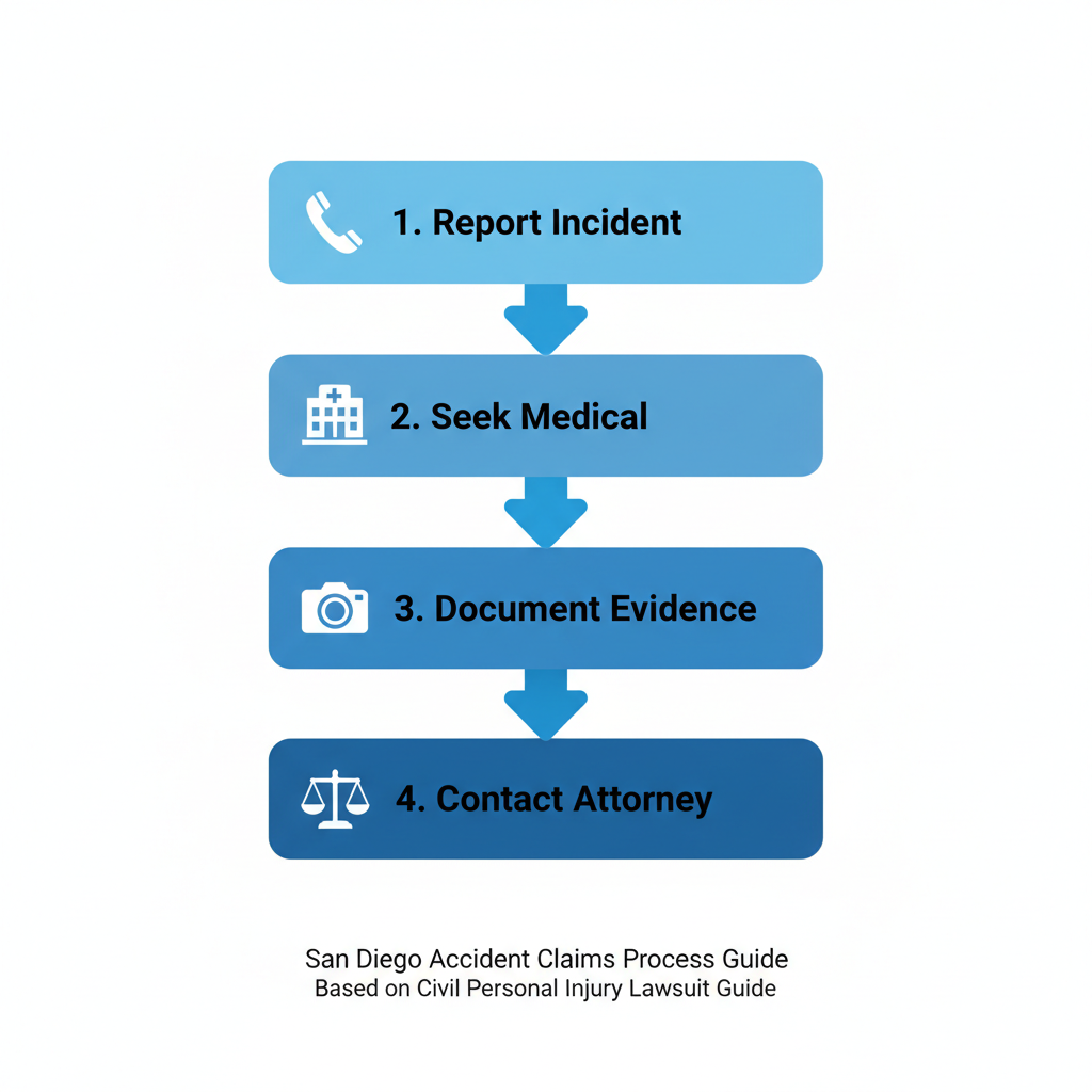 Diagrama de flujo vertical de cuatro etapas para comenzar reclamos de accidentes en San Diego, con íconos y etiquetas breves