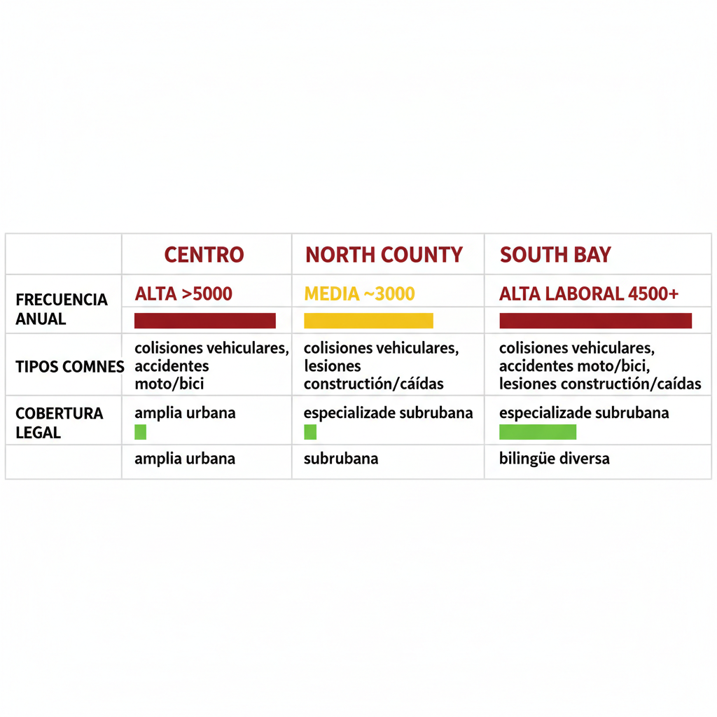 Infografía de tabla comparativa horizontal mostrando riesgos de accidentes por áreas en San Diego, con frecuencias, tipos comunes y coberturas legales en español.