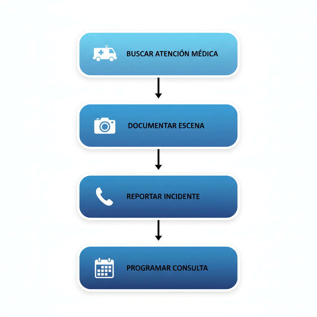 Diagrama de flujo vertical con cinco etapas ilustradas para comenzar un reclamo legal por accidente en San Diego, incluyendo íconos de atención médica, documentación y consulta.