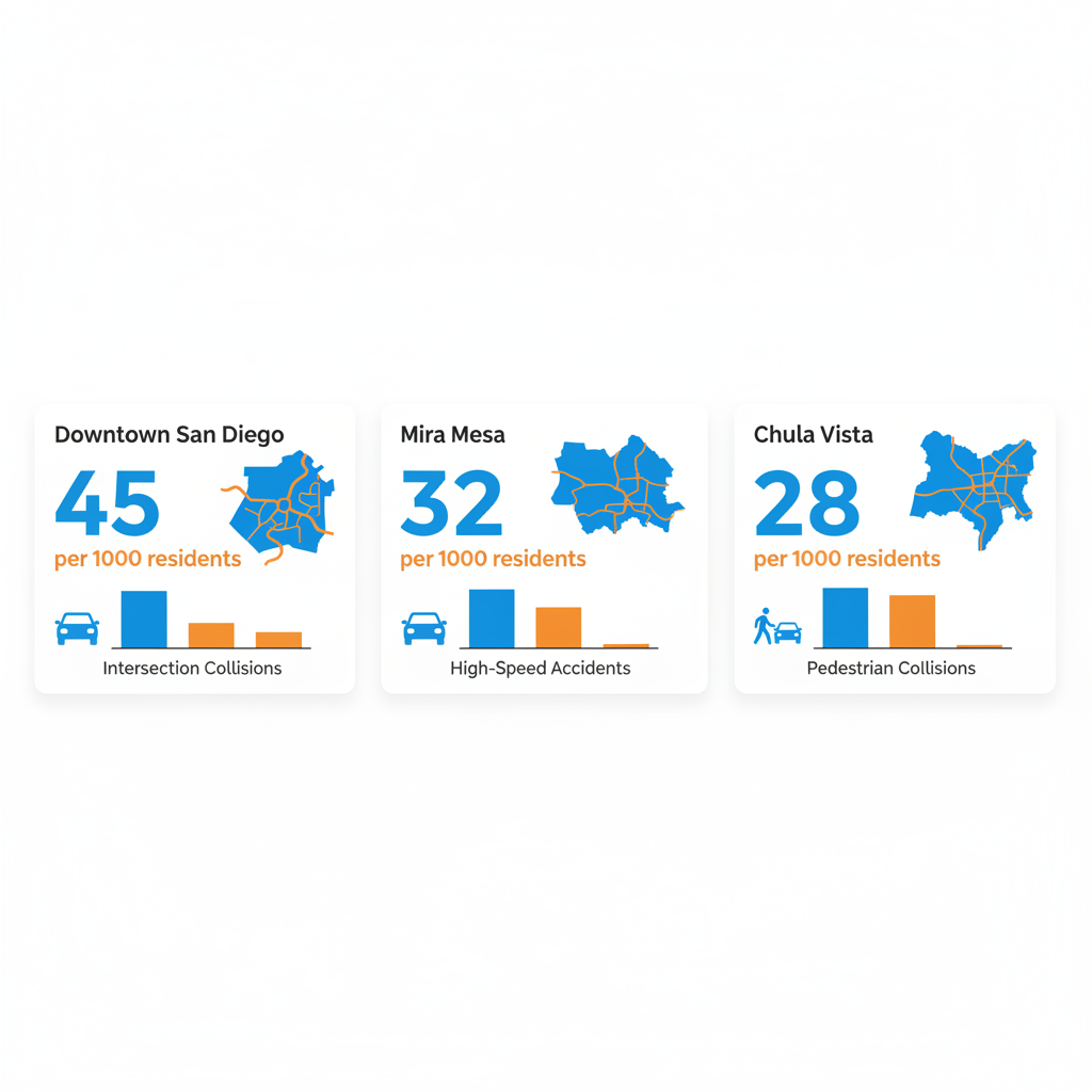 Infografía comparativa de tasas de accidentes en San Diego con iconos y barras