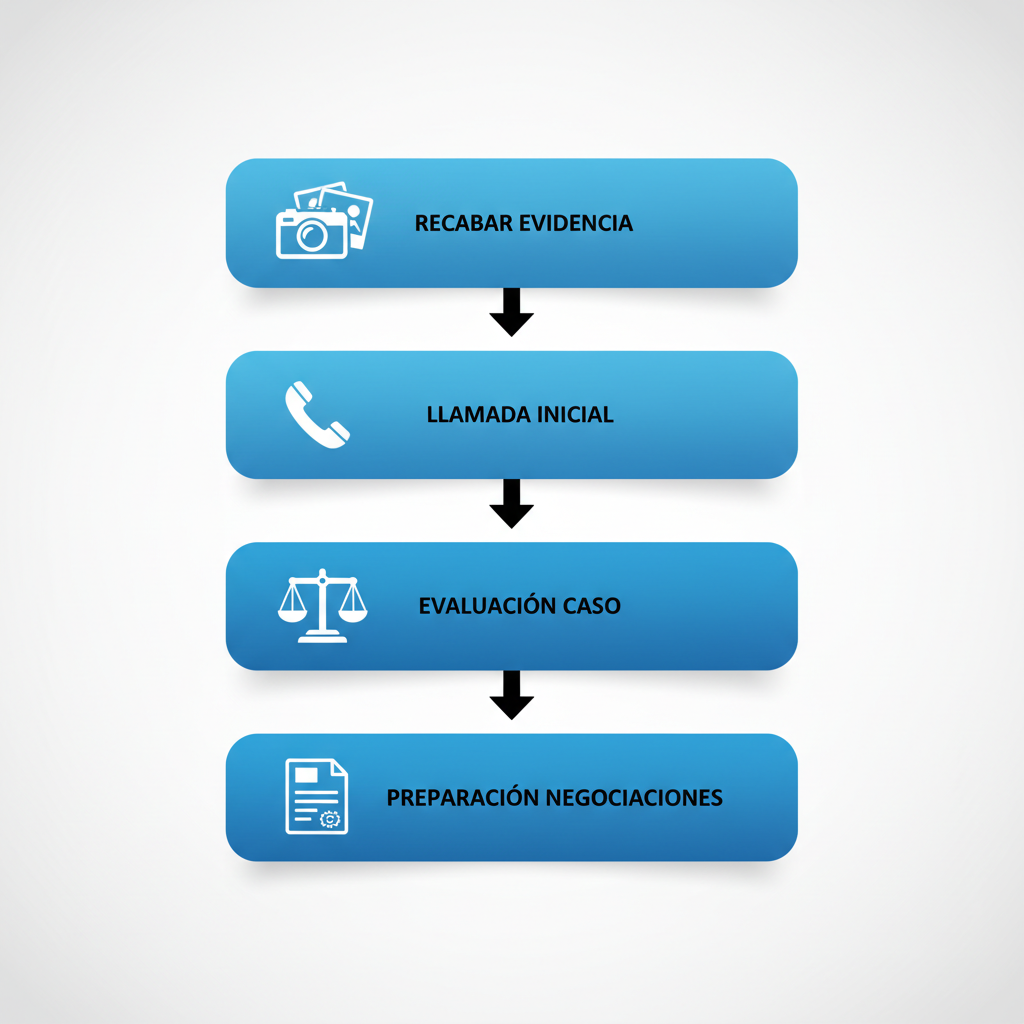 Diagrama de flujo vertical de cuatro etapas para los pasos iniciales al contactar abogados de accidentes en Culver City, con íconos representativos y flechas conectadas.
