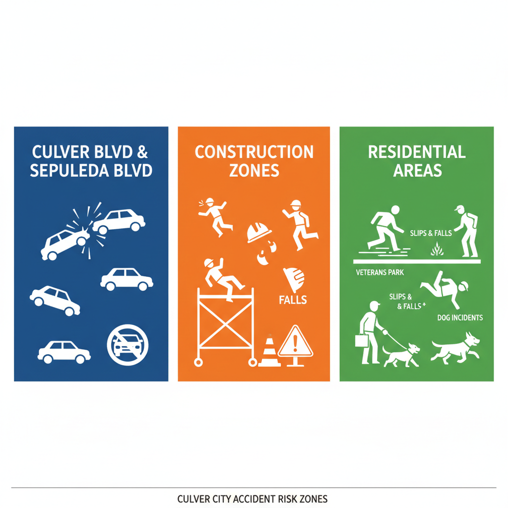 Infografía comparativa de riesgos de accidentes en diferentes áreas de Culver City con íconos y colores temáticos
