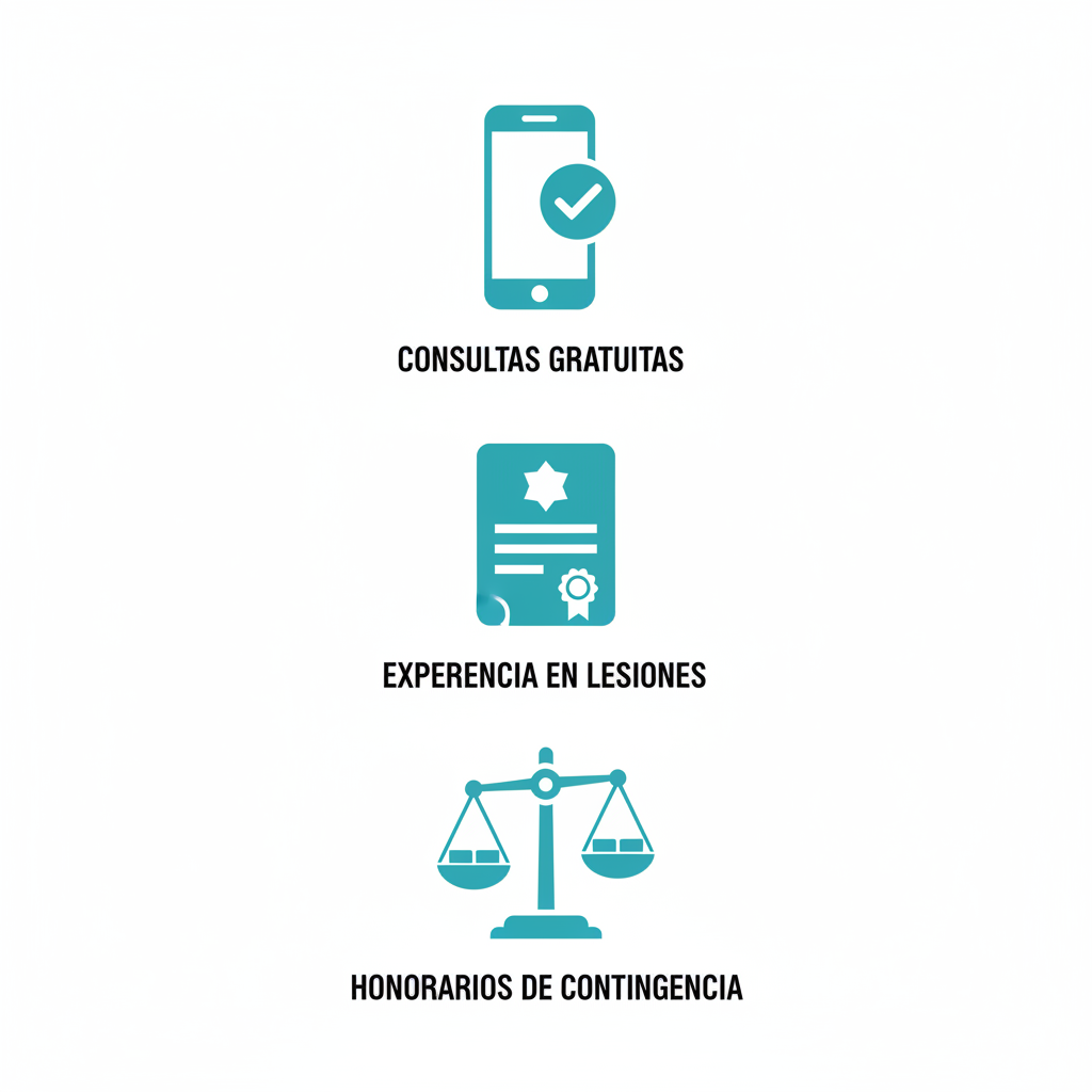 Conjunto de íconos ilustrando beneficios de servicios legales: consultas gratuitas, experiencia en lesiones y honorarios de contingencia