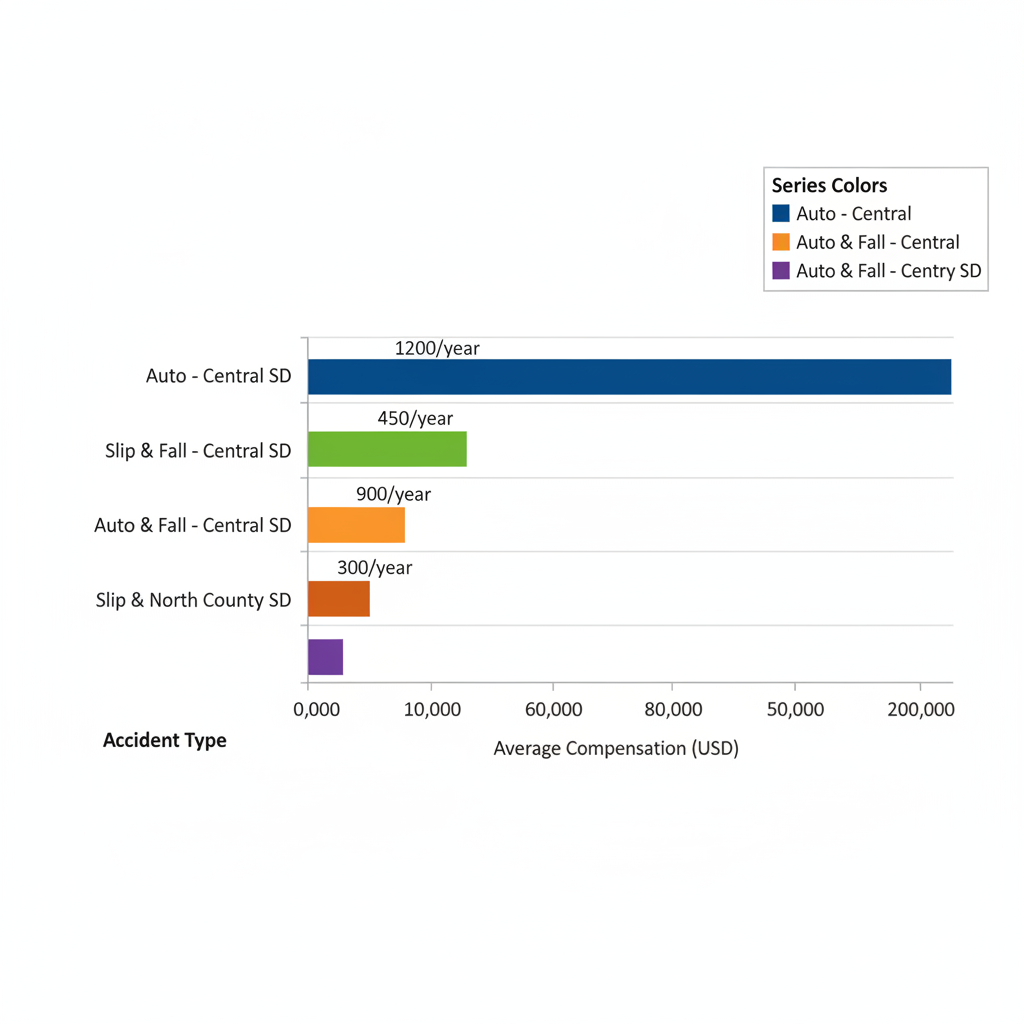 Gráfico de barras horizontales comparando compensaciones promedio por tipos de accidentes en áreas de San Diego.