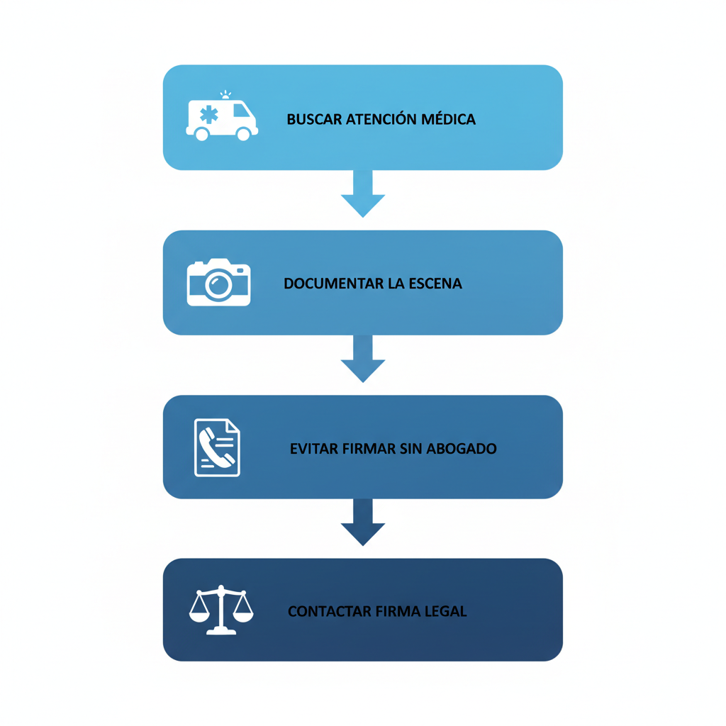 Diagrama de flujo vertical ilustrando los cinco pasos iniciales a seguir después de un accidente en San Diego, con íconos representativos y etiquetas breves.
