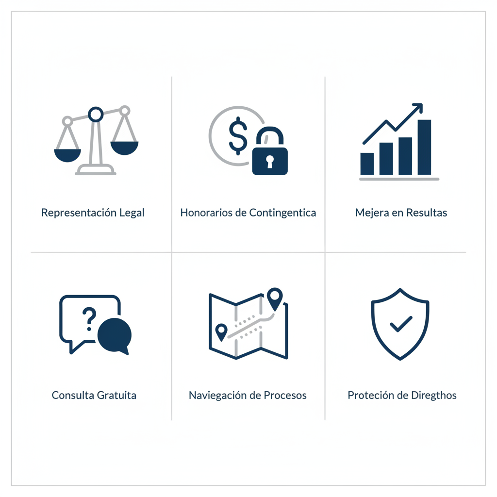 Conjunto de iconos ilustrando beneficios de abogados especializados en lesiones laborales, con etiquetas breves en español