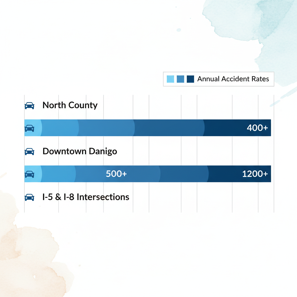 Gráfico de barras horizontal mostrando tasas de accidentes en distritos de San Diego: Centro, I-5/I-8, North County con valores y íconos.