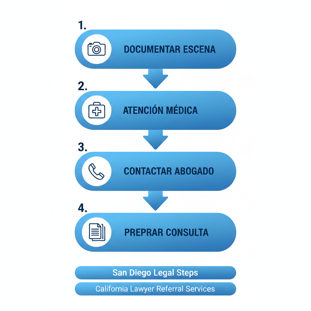 Diagrama de flujo vertical ilustrando los pasos iniciales para buscar ayuda legal después de un accidente en San Diego con íconos y etiquetas minimalistas.