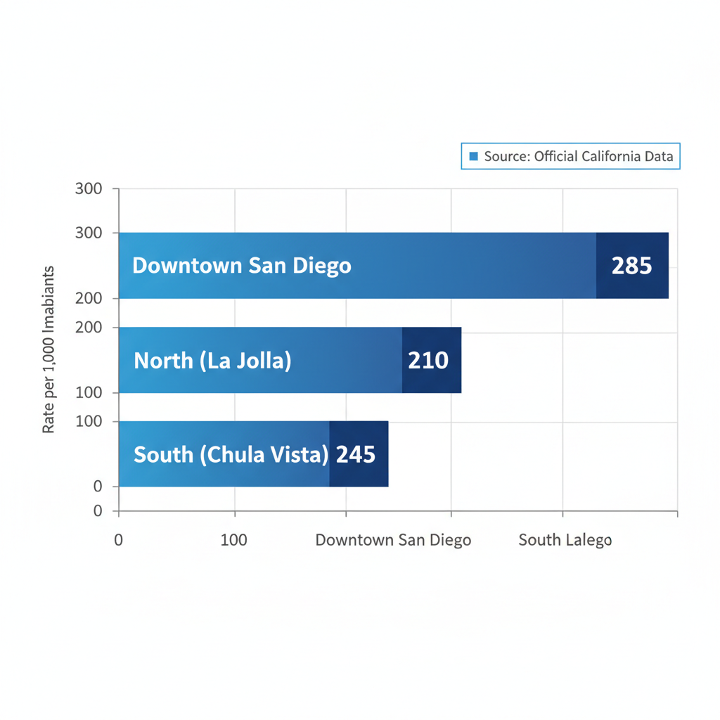 Gráfico de barras horizontal comparando tasas anuales de accidentes de auto por distritos clave en San Diego, con datos oficiales.