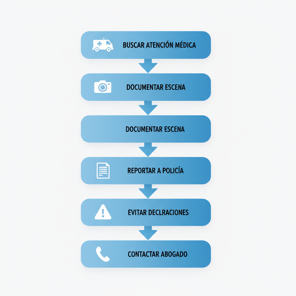 Diagrama de flujo vertical con cinco etapas para pasos iniciales después de un accidente en San Diego, incluyendo atención médica y contacto con abogado