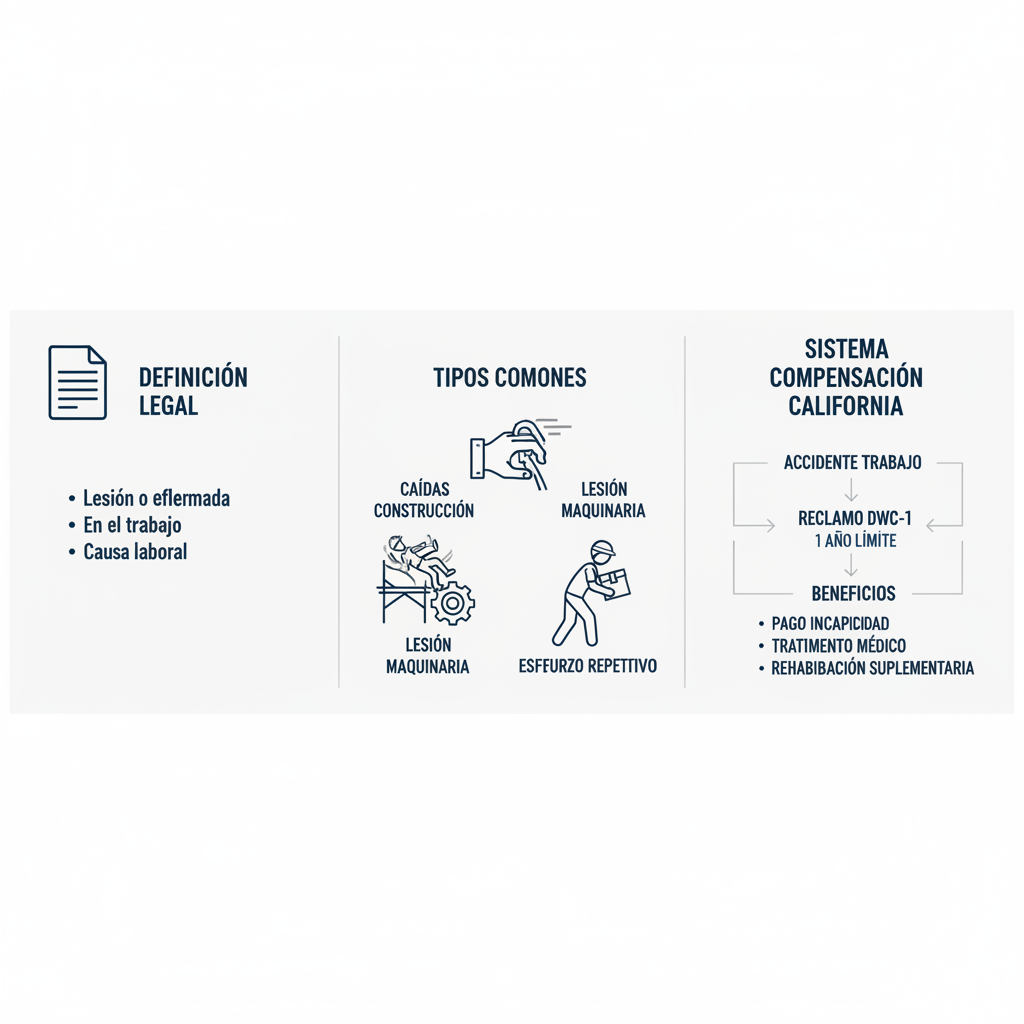 Infografía horizontal explicando accidentes de trabajo en San Diego: definición legal, tipos comunes y sistema de compensación no-fault de California con ilustraciones simples y colores azul marino y gris.