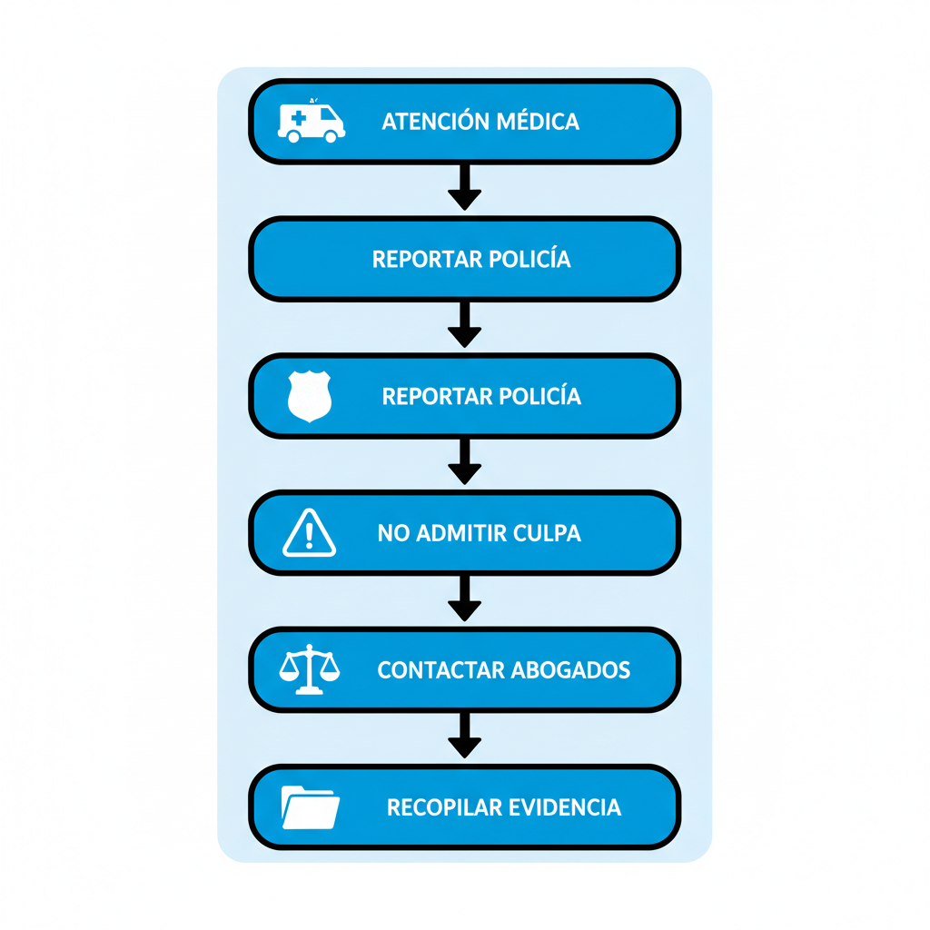 Diagrama de flujo vertical ilustrando los pasos para comenzar un caso de accidente personal en San Ysidro, con cinco etapas clave y iconos representativos.