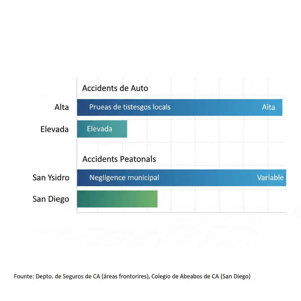 Gráfico comparativo de frecuencia de accidentes de auto y peatonales en San Ysidro vs. San Diego, con consideraciones legales.