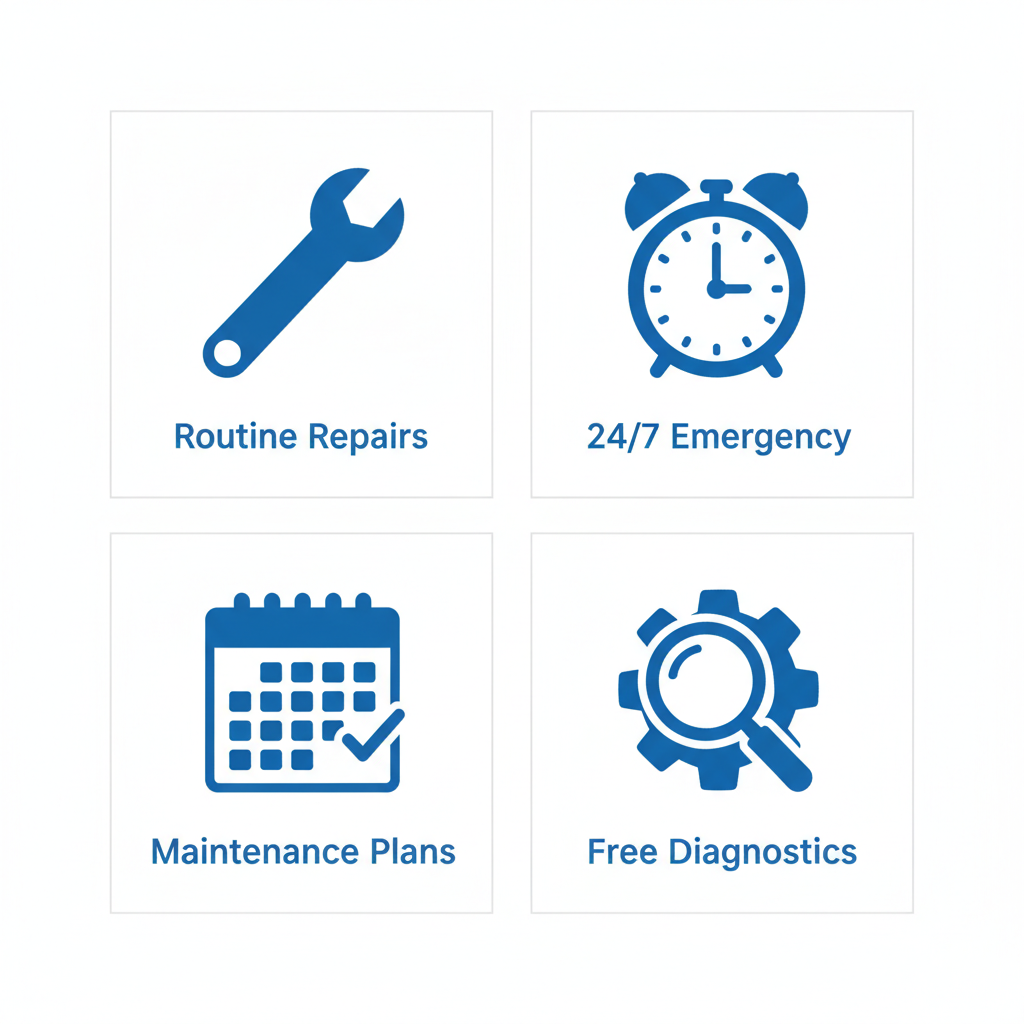 Grid of four icons illustrating AC services in Boise: routine repairs, emergency response, maintenance plans, and free diagnostics.