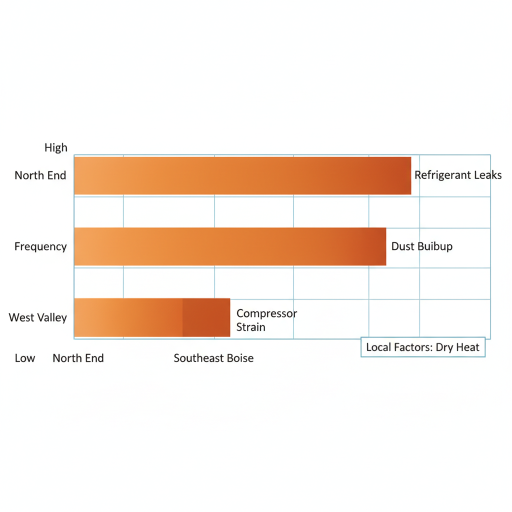 Horizontal bar chart showing common AC issues by frequency in Boise neighborhoods: North End, Southeast Boise, West Valley
