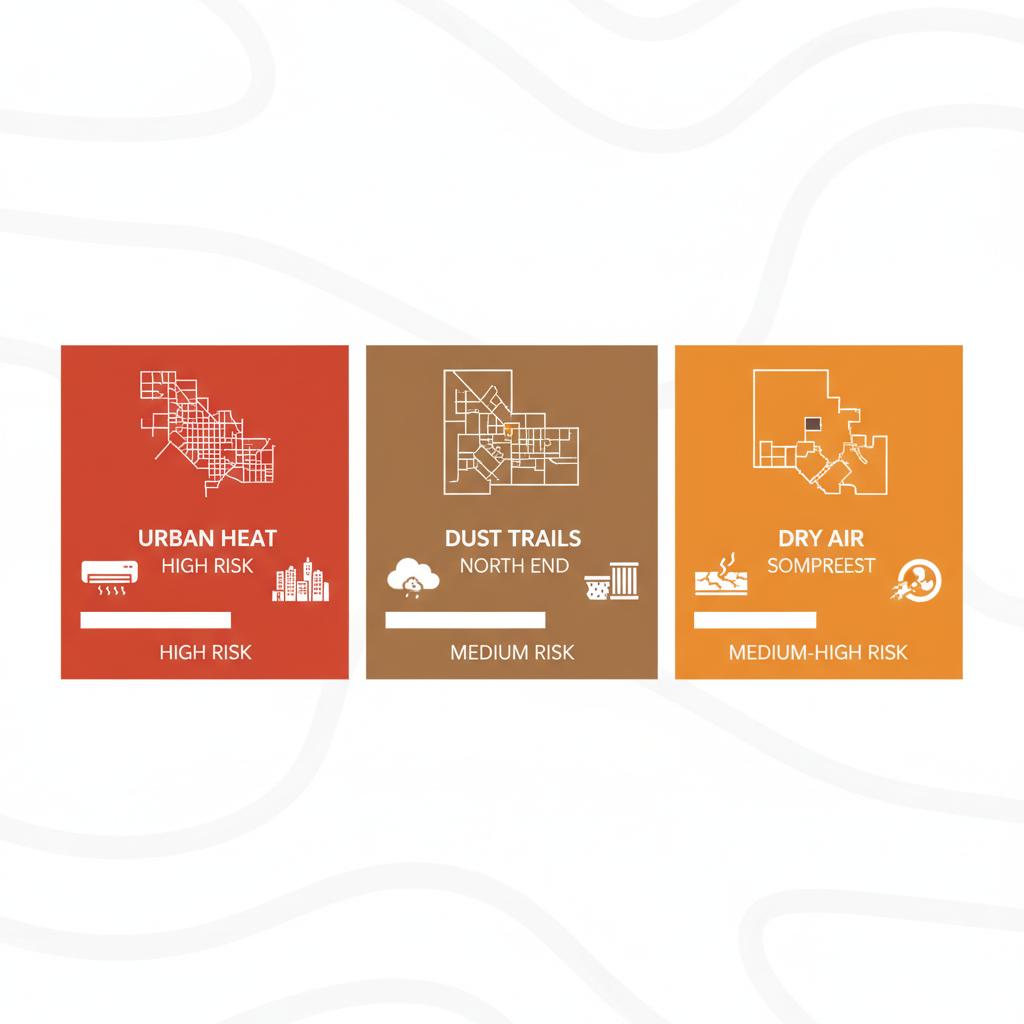 Infographic illustrating AC repair challenges and risks in Boise neighborhoods including downtown, north end, and southwest areas with icons and color-coded risk levels.