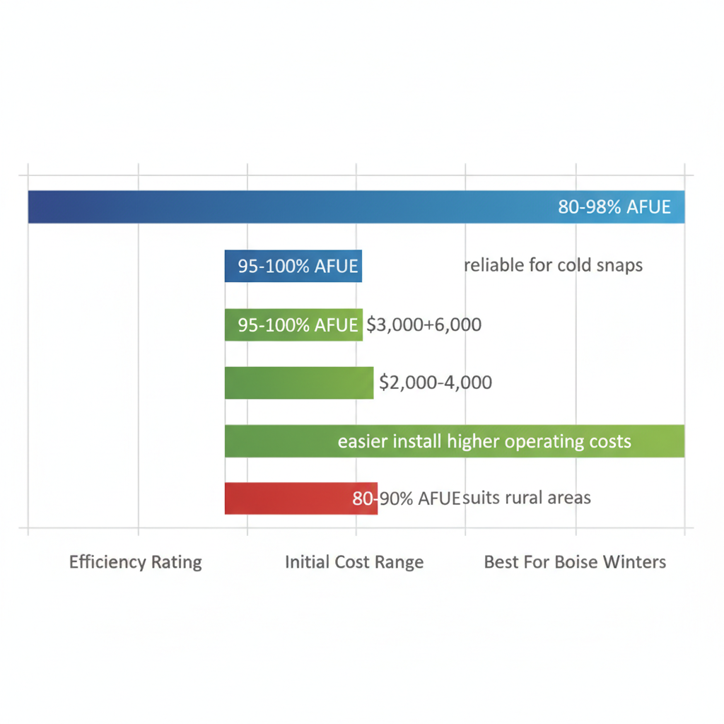 Horizontal bar chart comparing efficiency, cost, and suitability of gas, electric, and oil furnaces for Boise, Idaho winters