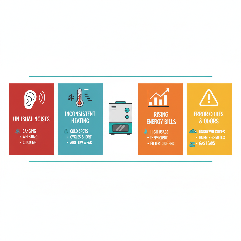 Infographic depicting common furnace issues in Boise homes including unusual noises, inconsistent heating, rising bills, and error codes with icons.