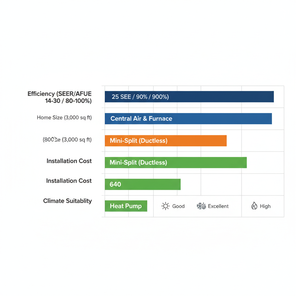 Horizontal bar chart comparing efficiency, home size, cost, and suitability of three HVAC systems for Boise area homes