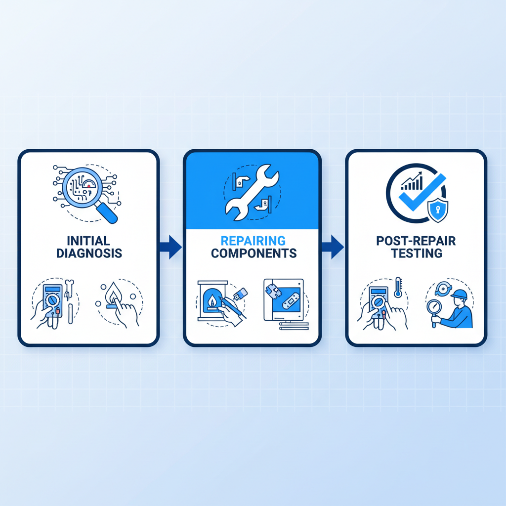 Horizontal process flow diagram illustrating the three main stages of gas furnace repair: diagnosis, repair, and testing