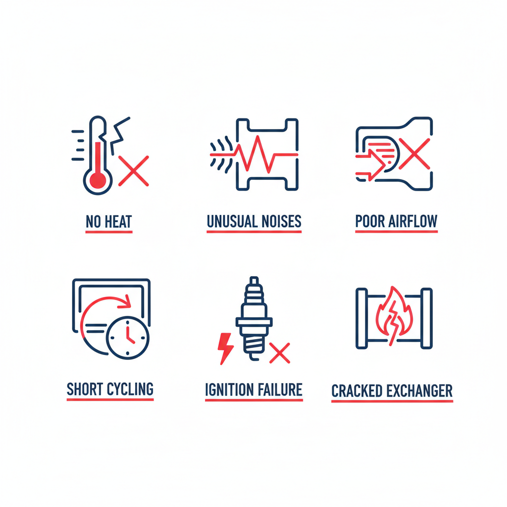 Grid of six icons illustrating common gas furnace repair signs including no heat, unusual noises, and poor airflow.