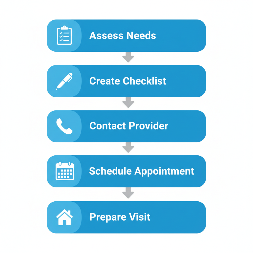 Vertical process flow diagram illustrating five steps to schedule HVAC maintenance: assess needs, create checklist, contact provider, schedule appointment, and prepare for visit.