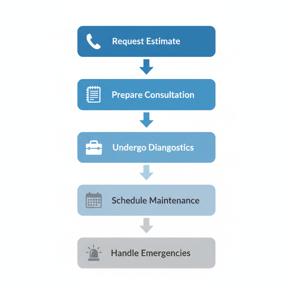 Vertical process flow diagram showing five steps to initiate HVAC services: request free estimate with phone icon, prepare for consultation with notepad icon, undergo diagnostics with toolbox icon, schedule maintenance with calendar icon, handle emergencies with siren icon.