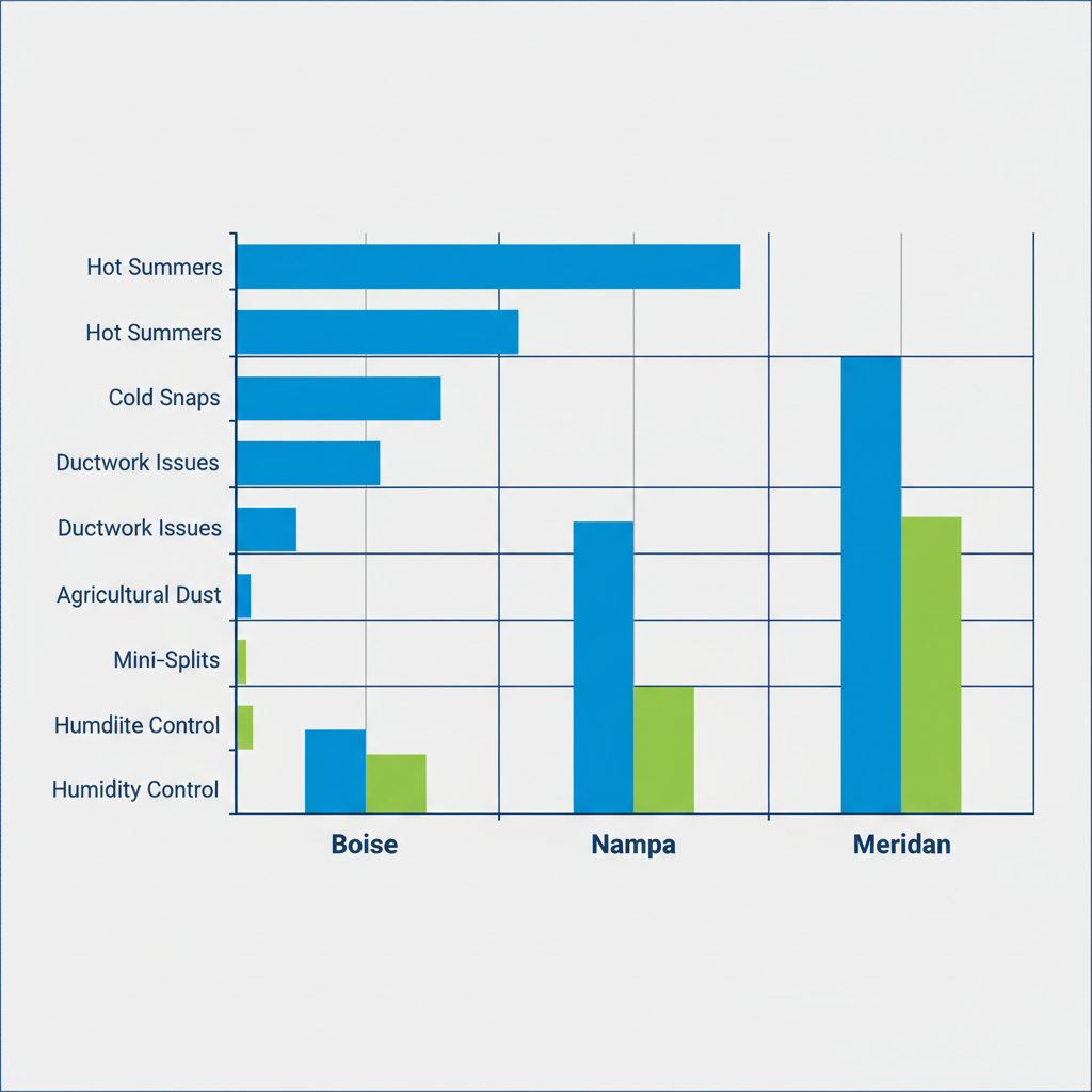 Bar chart showing common HVAC challenges and services in Boise, Nampa, and Meridian areas of Treasure Valley.
