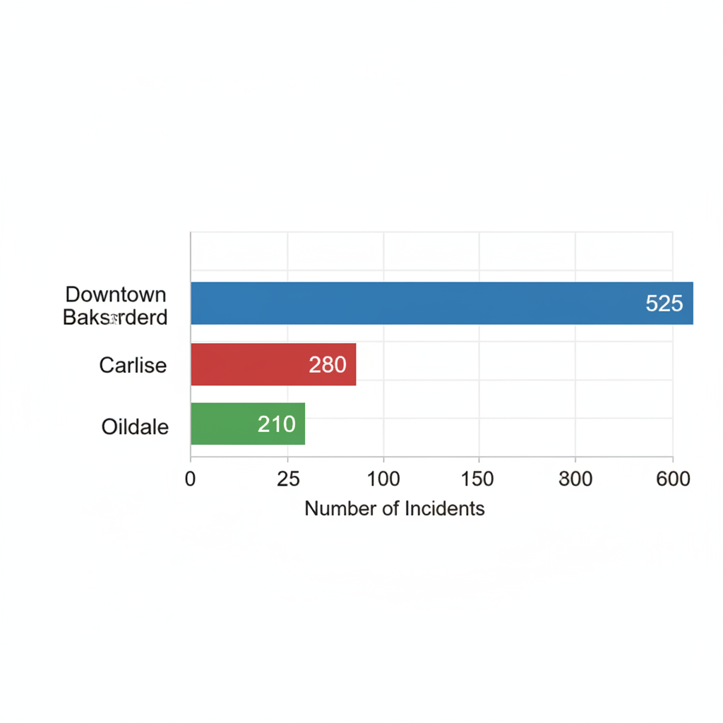 Gráfico de barras horizontales comparando incidentes anuales de accidentes en zonas clave de Bakersfield